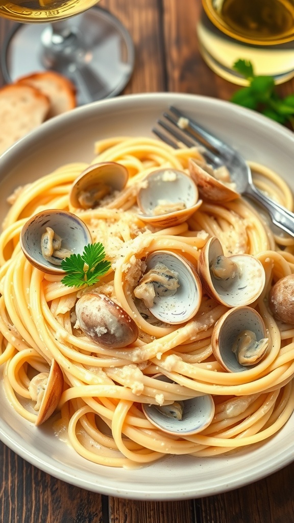 Creamy garlic clam pasta served in a bowl, garnished with parsley and Parmesan, alongside wine and bread.